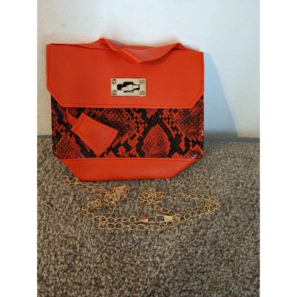 Snakeskin Red‎ Crossbody Bag Gold Chain Strap Party Clutch PU Leather NEW